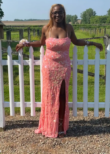 Niulatu Spaghetti Strap Sheath Long Prom Dresses Glitter Coral Pink Evening Dresses with Slit HZ1026